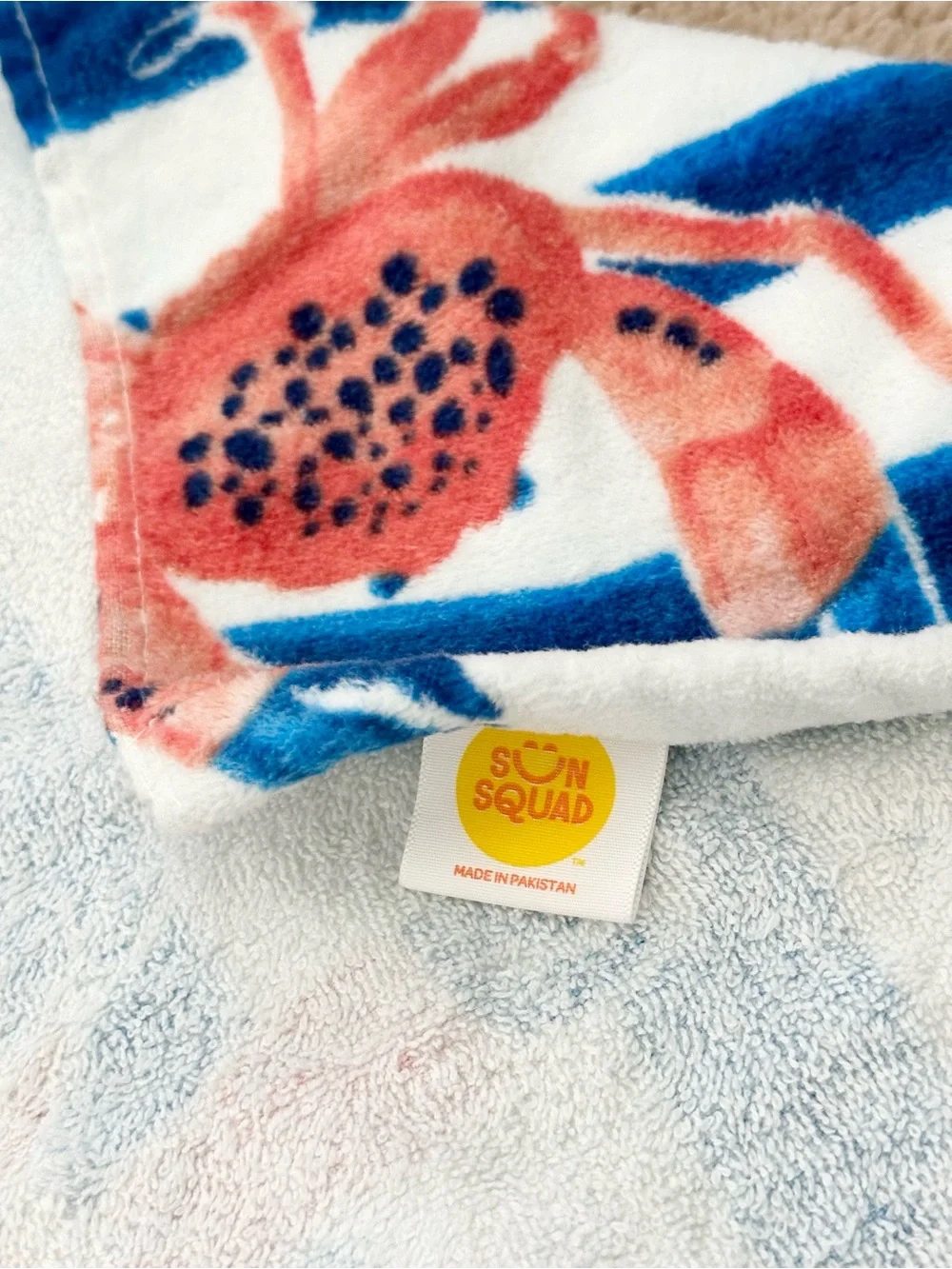 Sun Squad Blue & White Striped Beach Towel with Red Crab Print- Coastal/Nautical